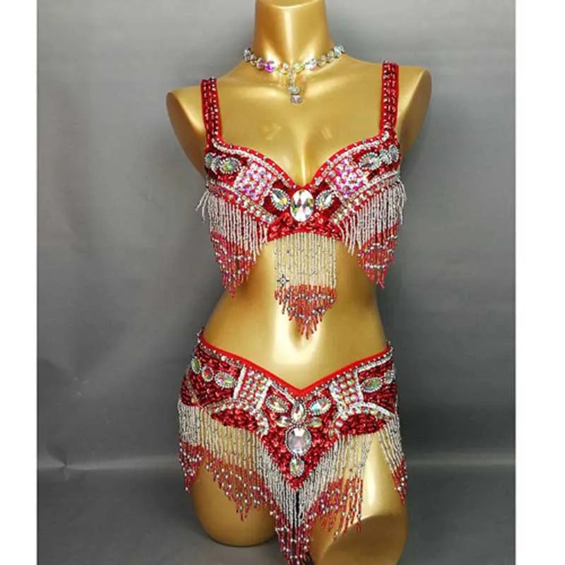 Dazzling Beaded & Sequined Belly Dance Bra & Belt 2-Piece Costume Set