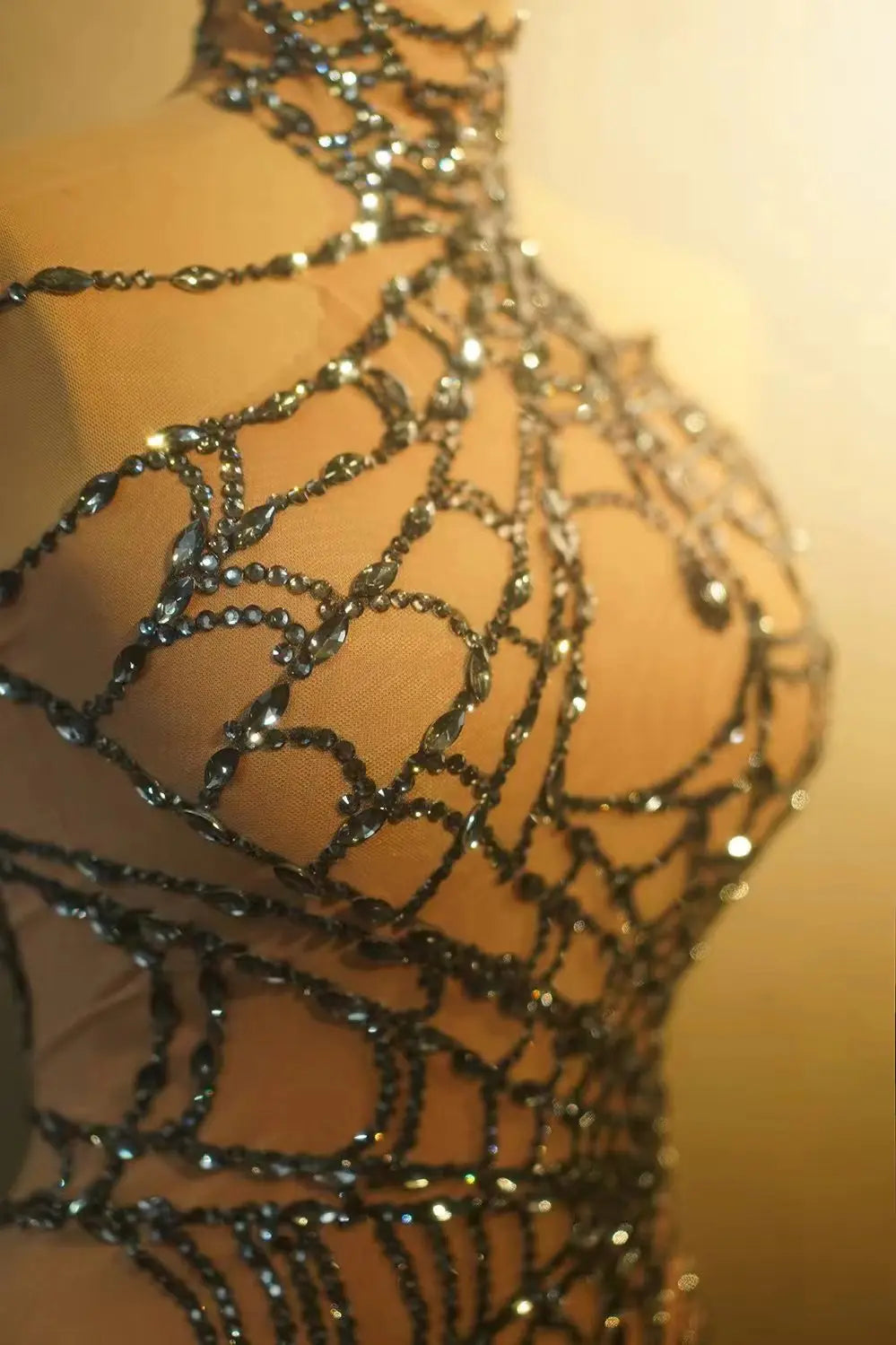 Sparkly Silver Rhinestone Spider Web Mesh Stage Performance Costume Set