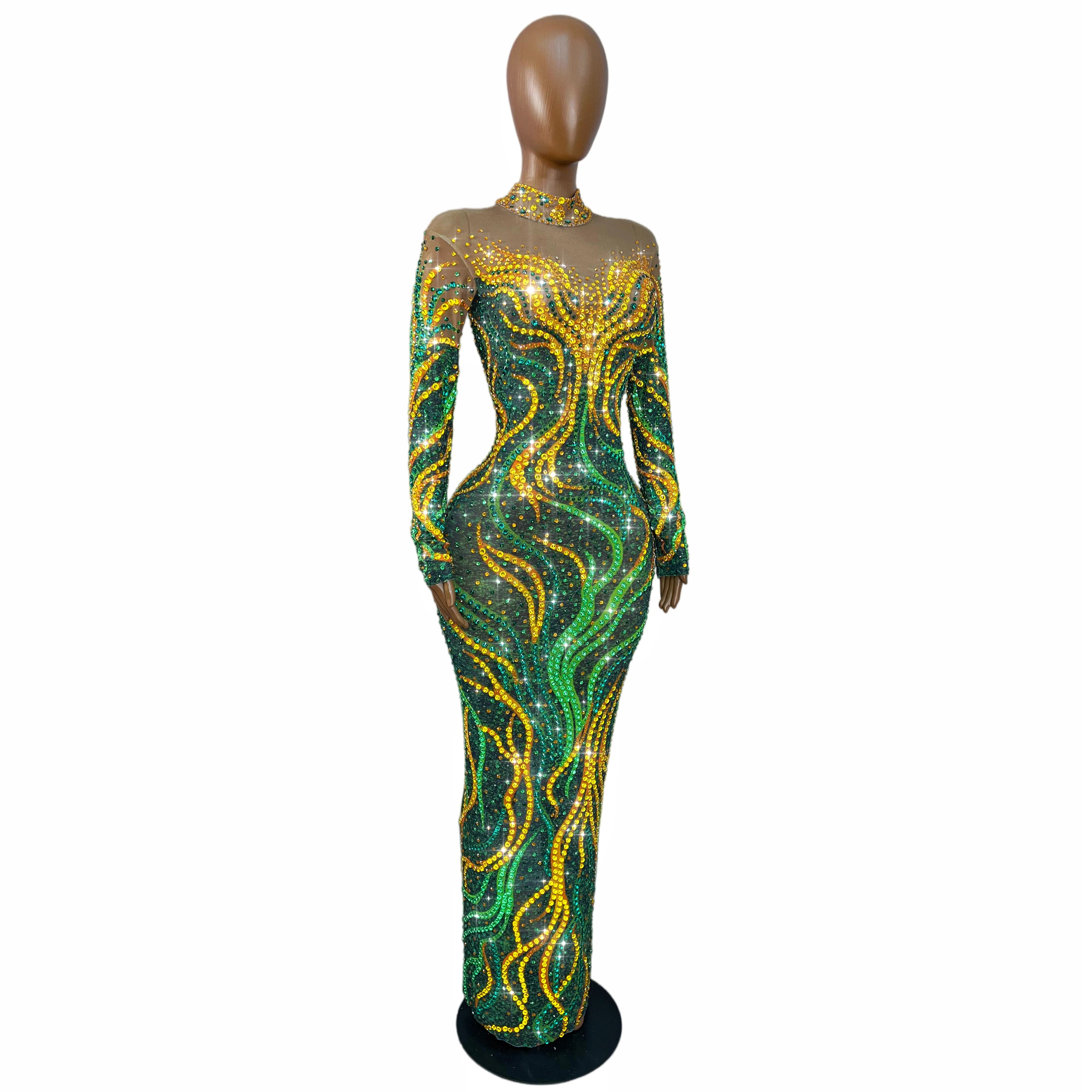 Gold & Emerald Swirl Rhinestone Illusion Maxi Gown Long Sleeve Floor-Length Evening Dress