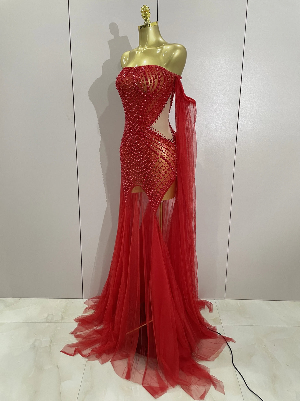 Luxury Birthday Evening Party Dress Elegant Sparkly Rhinestone Pearl Sexy Strapless Mesh Long Dress Prom Wedding Guest Gowns
