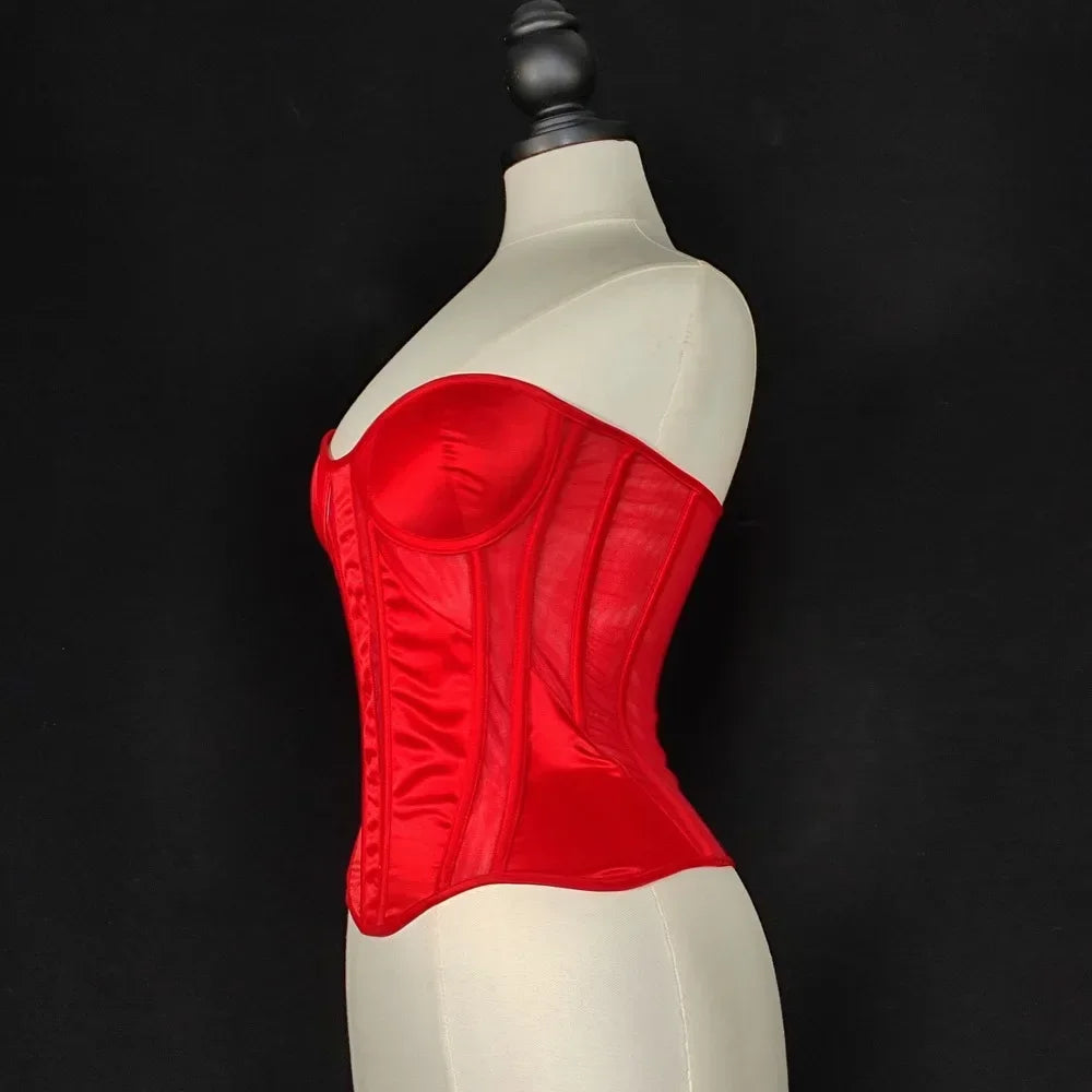 Strapless Breathable Mesh Corset Bustier Built-In Bra Boned Waist Cincher Top