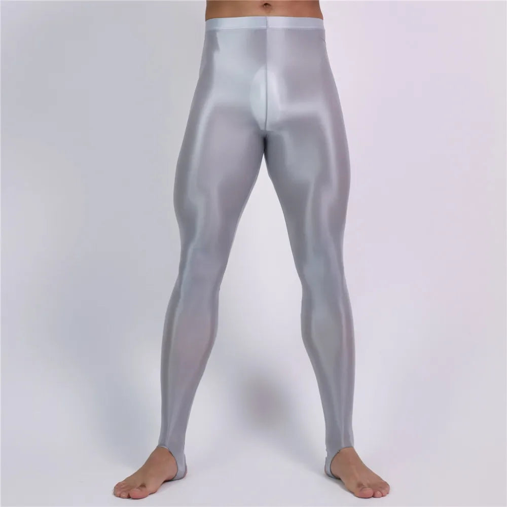 Men's Slim Tights Pencil Pants Stain Smooth  Oil Glossy Shiny Elastic Yoga Leggings Sheer See Through Full Pants Plus Size