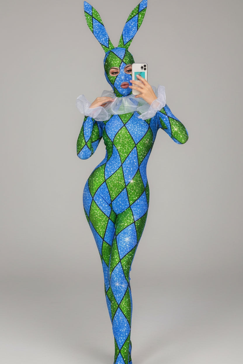 Futuristic Geometric Rhinestone Bunny Bodysuit – Luxury Showgirl Stage Costume & Exotic Festival Leotard with Statement Collar