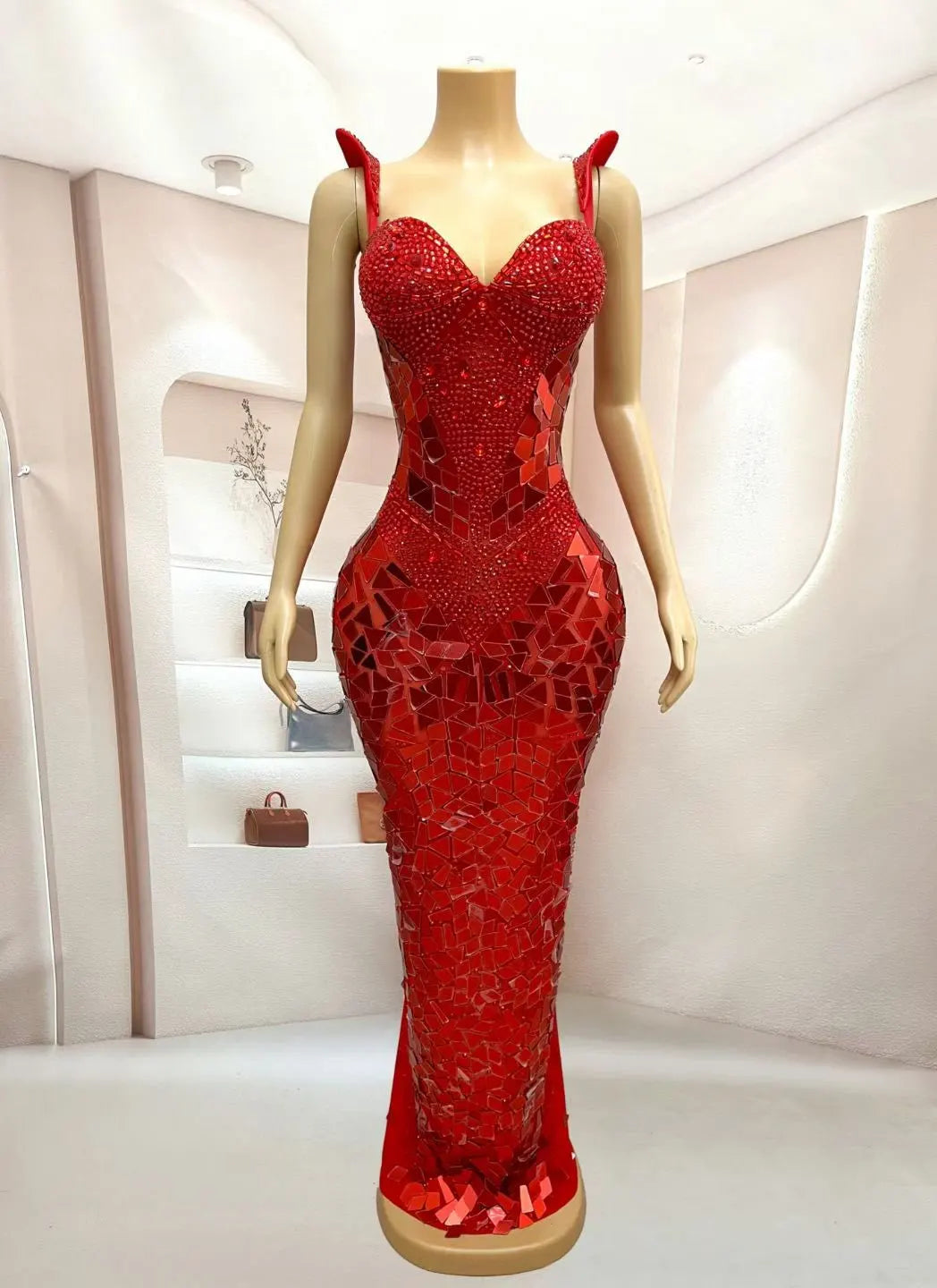 Women's Red & Gold Rhinestone Mirror Suspender Dress | Sparkly Elegant Gown for Red Carpet & Stage