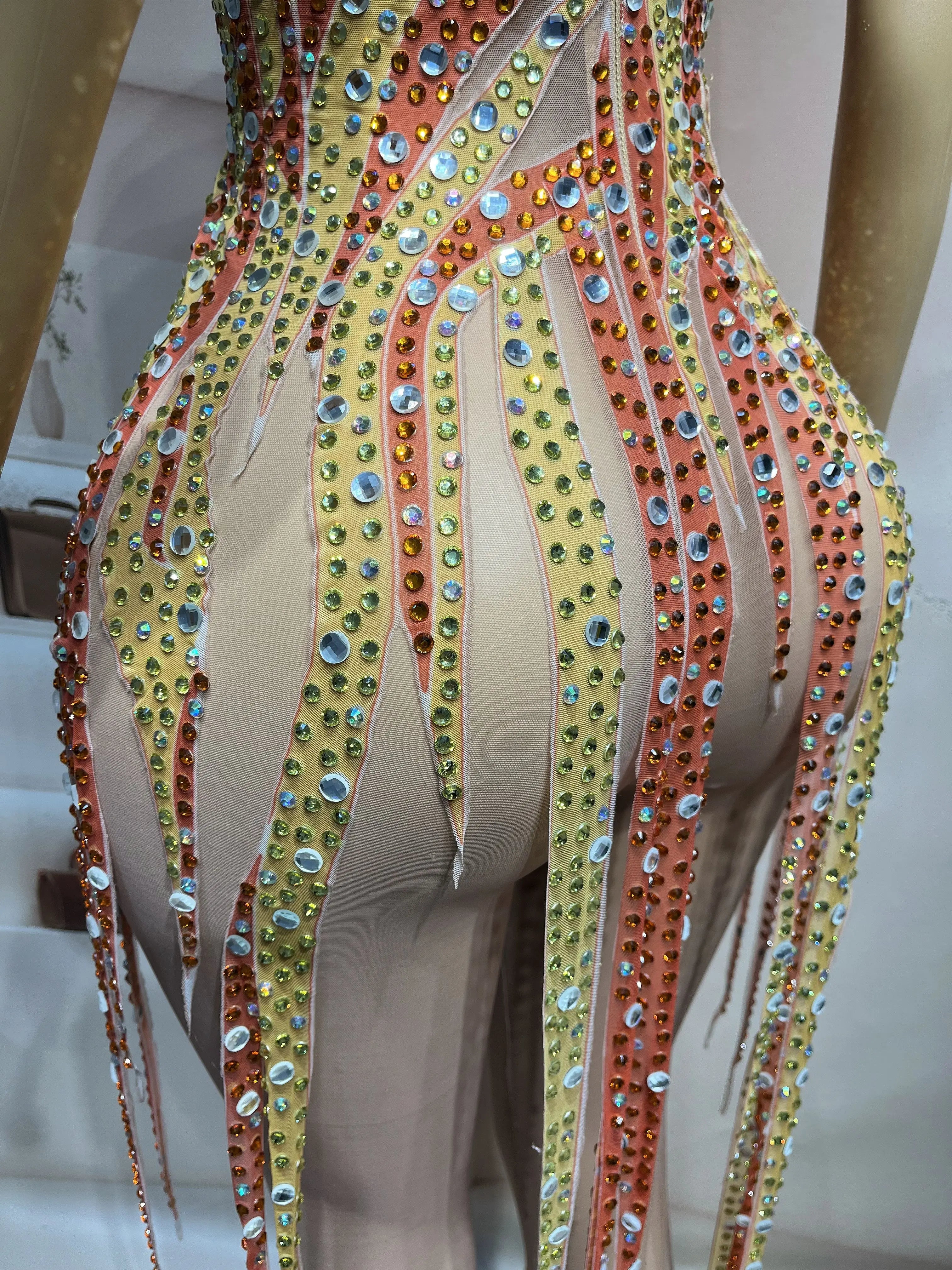 Gold & Amber Beaded Rhinestone Catsuit Illusion Mesh Long-Sleeve Jumpsuit Stage Costume