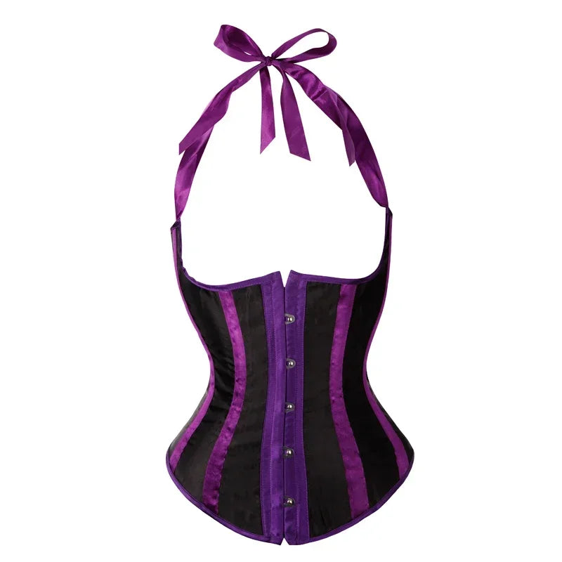 Gothic Striped Satin Halter Underbust Corset Vest 12 Spiral Steel Bones Bustier