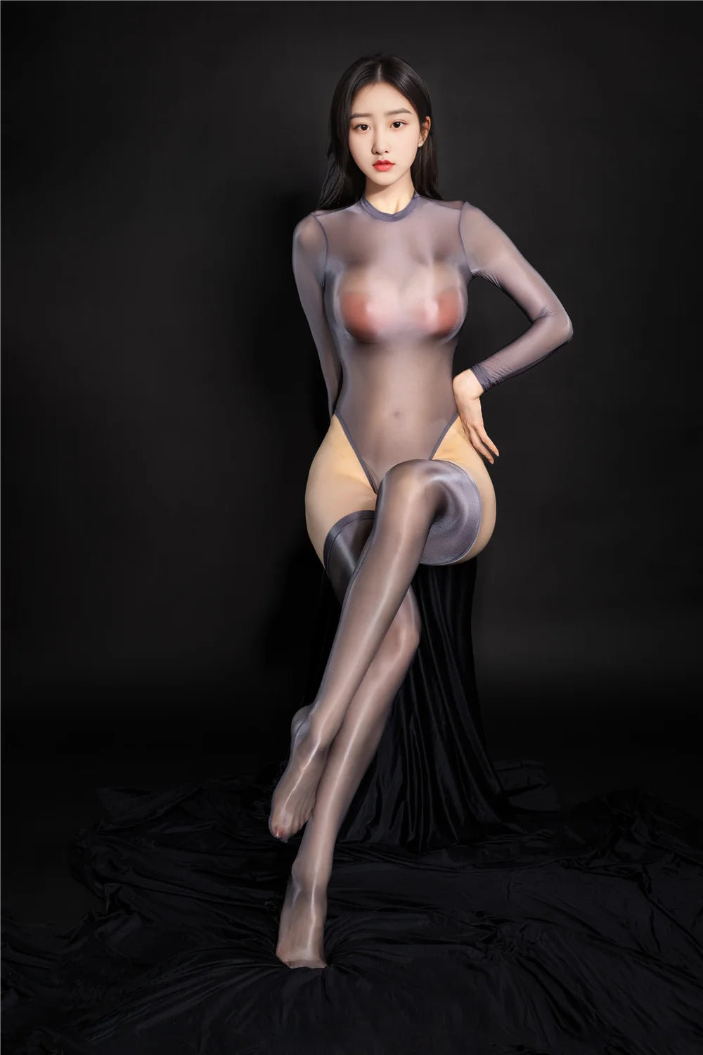 Oil Glossy High-Cut Open Crotch Shaping Bodysuit & Matching Stockings Set