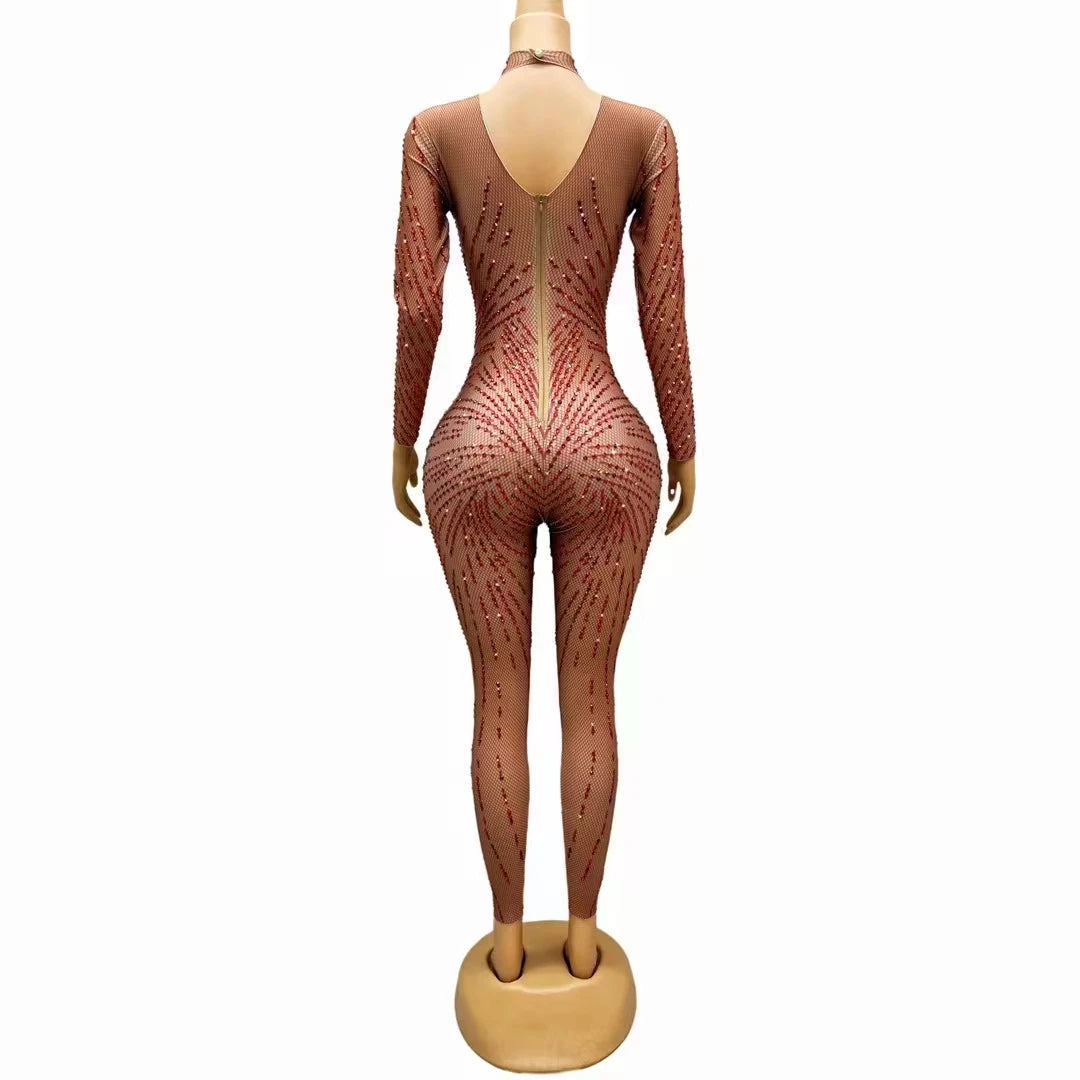 Crimson Red Rhinestone Catsuit Long Sleeve Illusion Stage Performance Jumpsuit