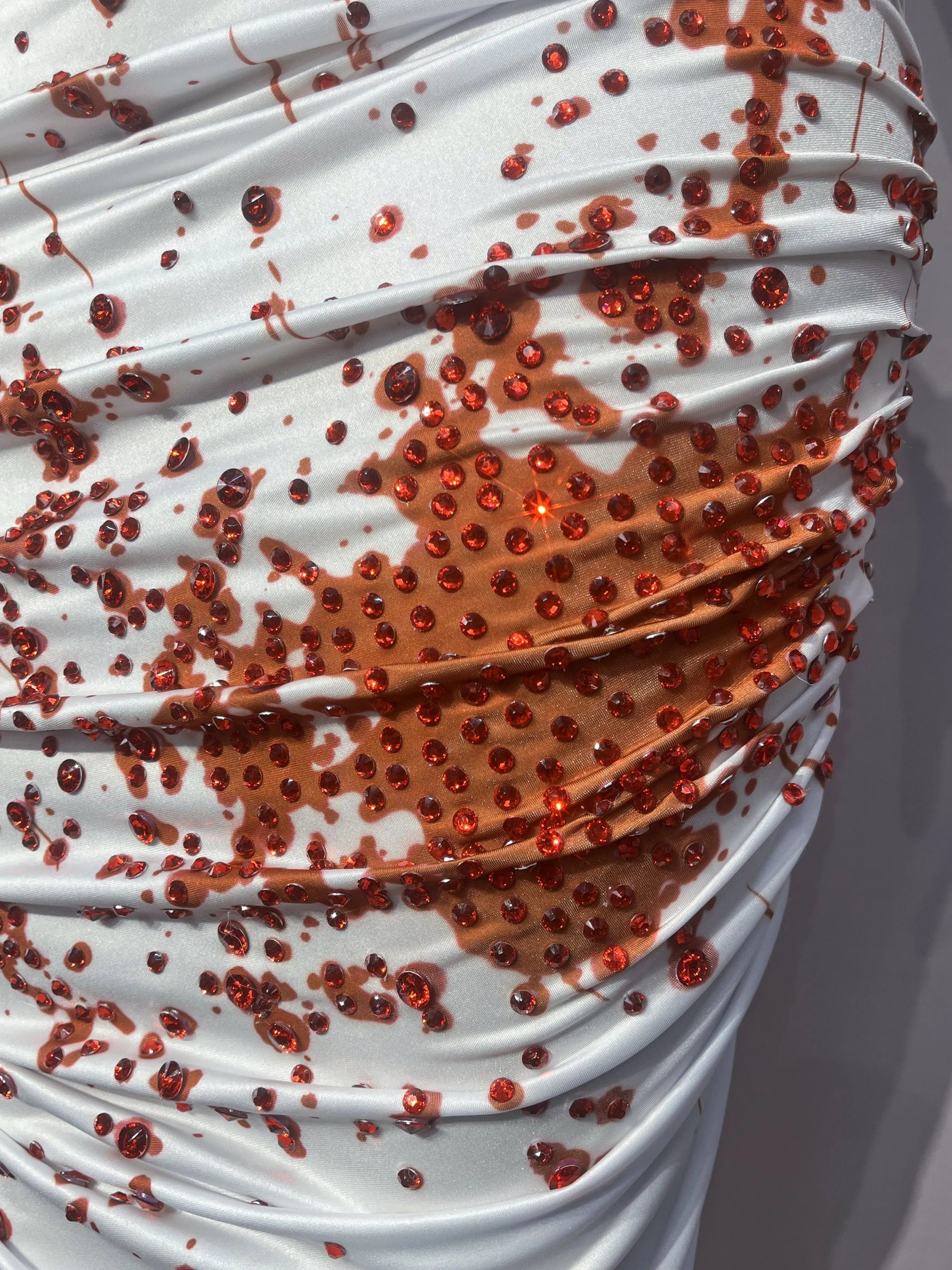 Blood Splatter Rhinestone Ruched Midi Dress Sleeveless Halloween Stage Costume