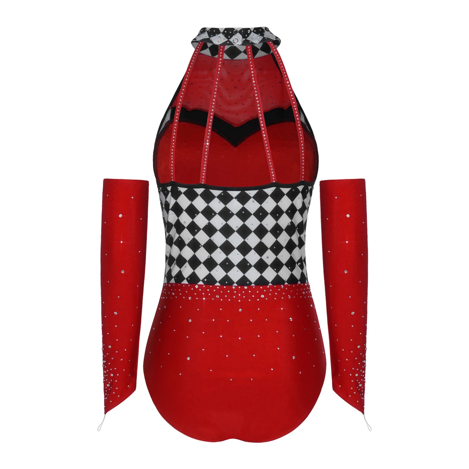 Queen of Hearts Rhinestone Halter Bodysuit & Sleeves Checkered Circus Stage Costume Set