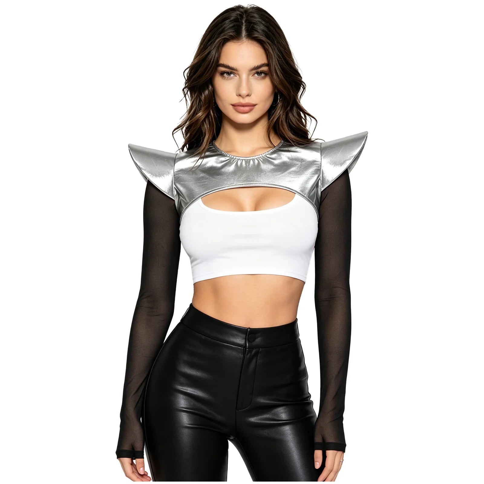 Metallic Shoulder Armor Shrug Crop Top & Sleeves Futuristic Pauldron Stage Costume
