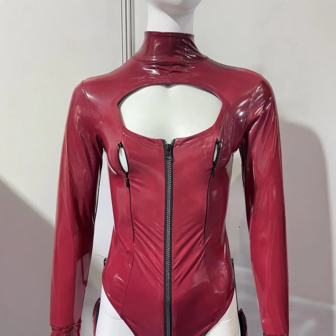 Faux Latex PU Leather Hollow-Out Breast Zipper Bodysuit & Stockings Set