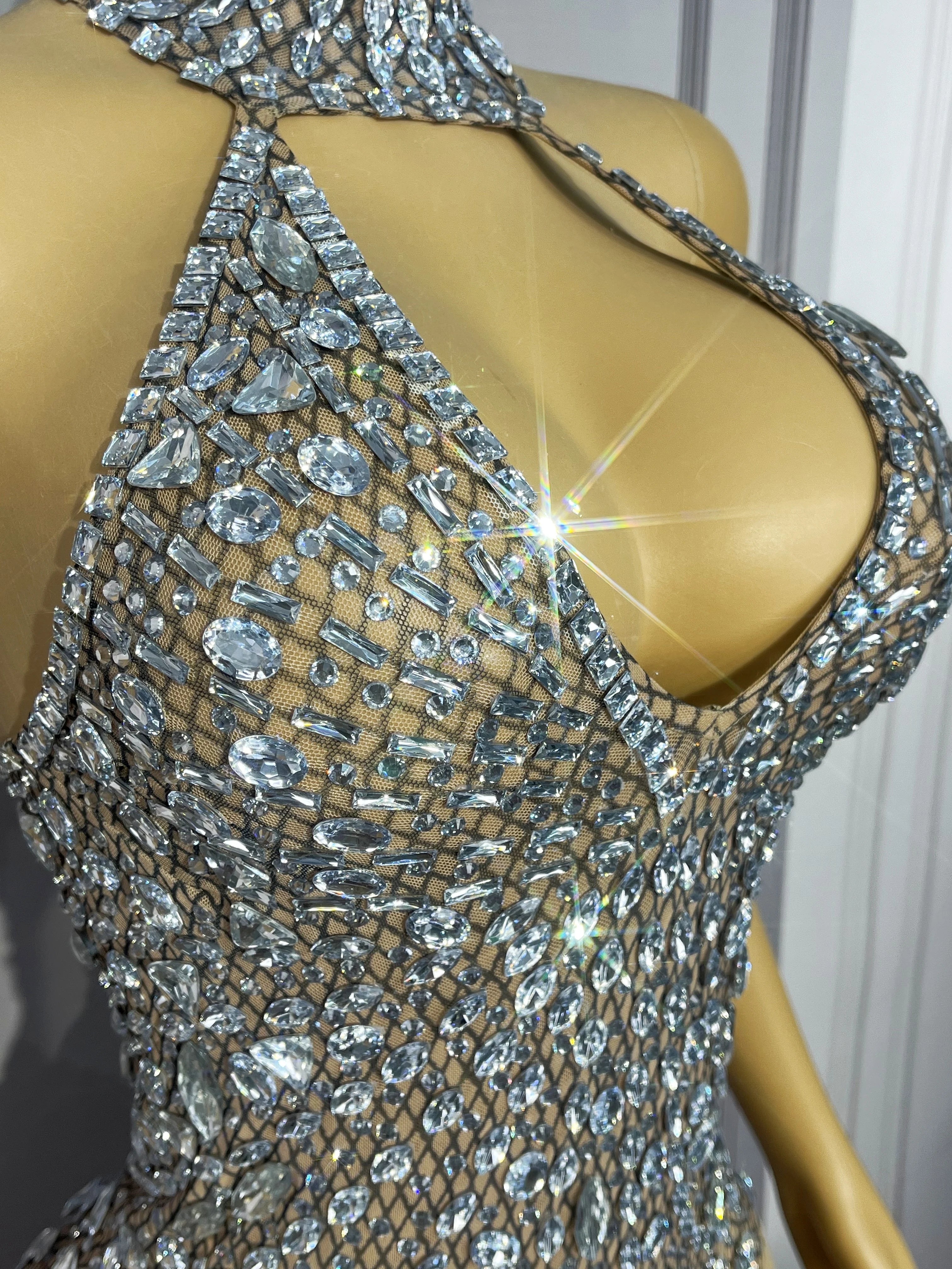 Silver Rhinestone High-Cut Backless Stage Bodysuit Dance Performance Leotard