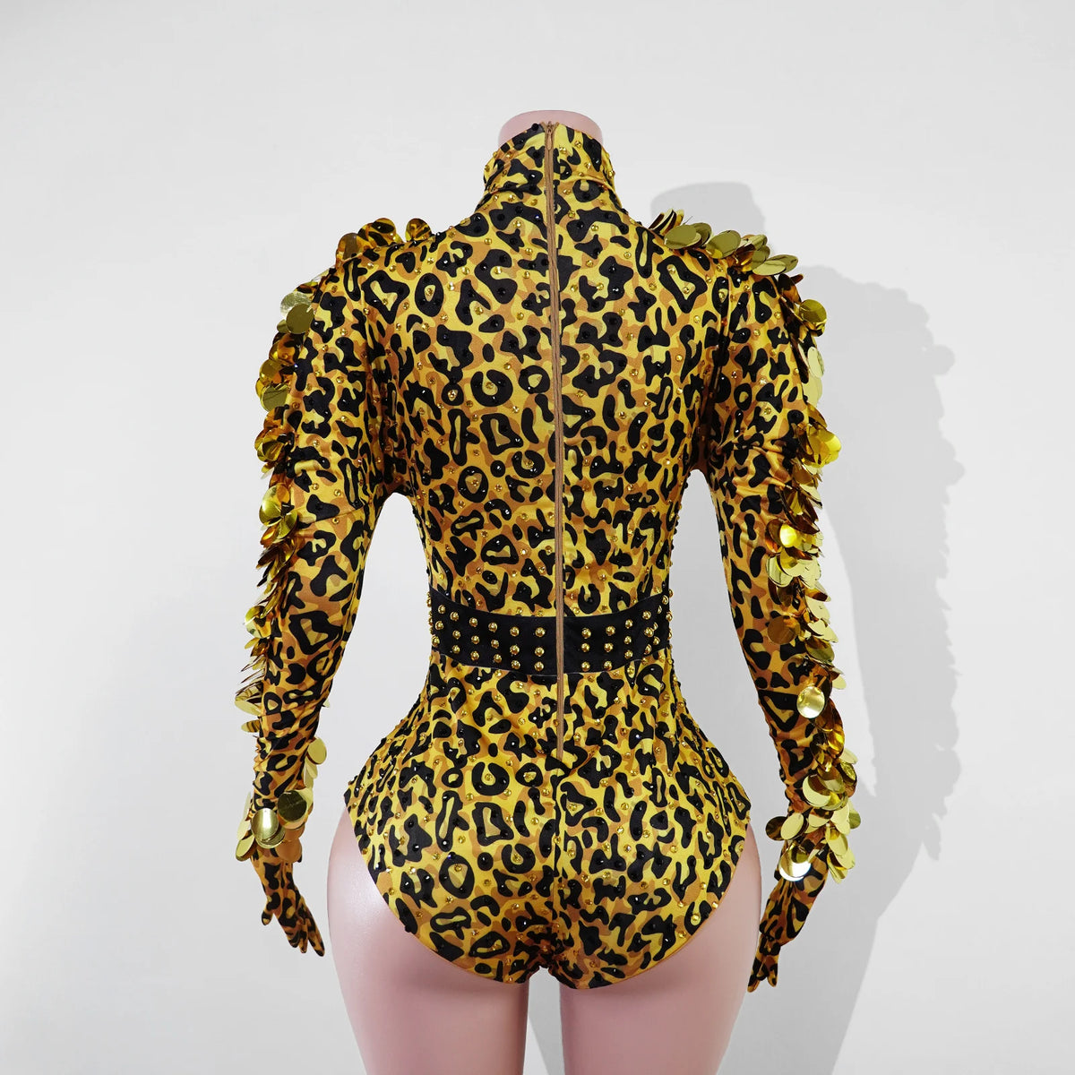 Vintage-Inspired Leopard Print Shiny Rhinestone Sequin Leotard