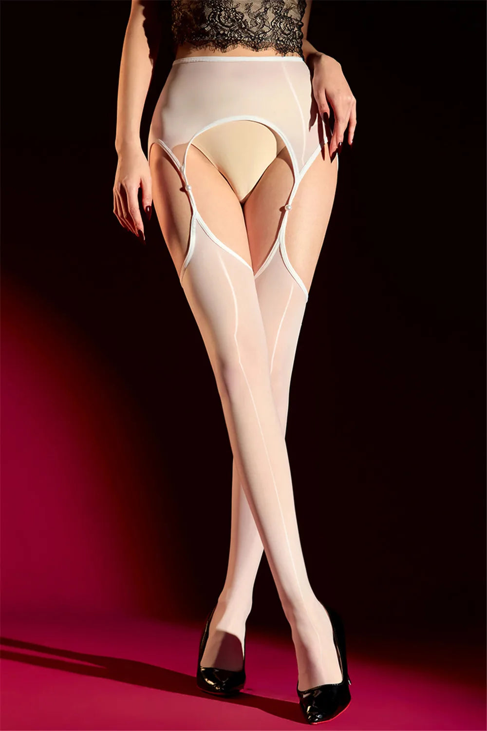 Women Pearl Holow Out Pantyhose 8D 912 Pin Open Crotch Bandage Tights Sheer See Through Oil Glossy Shiny Maid Garters Stockings