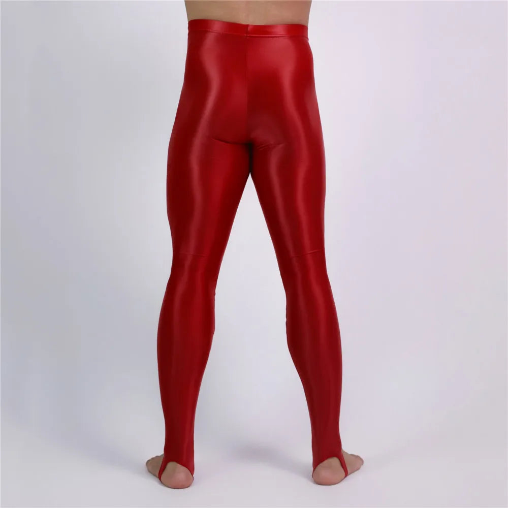 Men's Slim Tights Pencil Pants Stain Smooth  Oil Glossy Shiny Elastic Yoga Leggings Sheer See Through Full Pants Plus Size