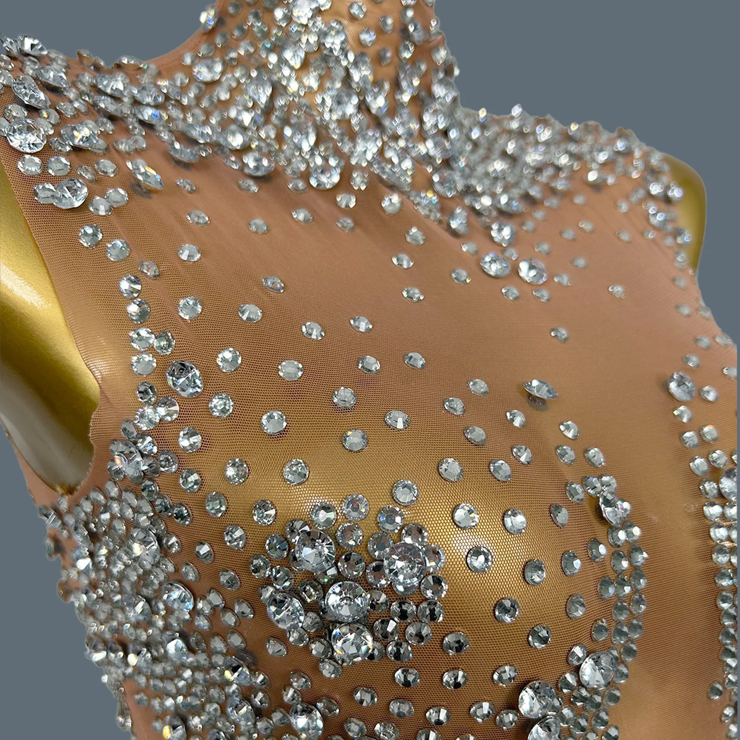 Sparkly Diamond Sheer Mesh Bodysuit Pole Dance Stage Costume Leotard