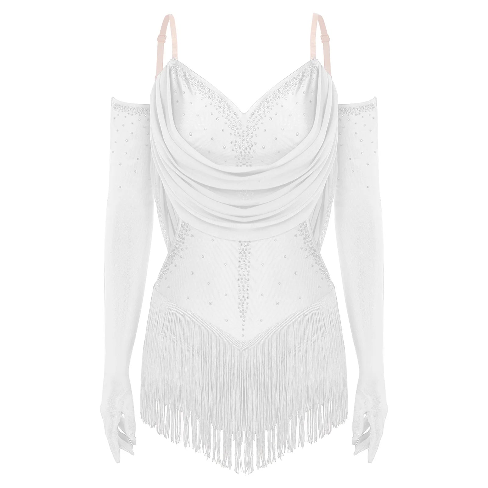 Sparkly Rhinestone & Tassel Fringe Dance Leotard with Gloves Two-Piece Stage Costume