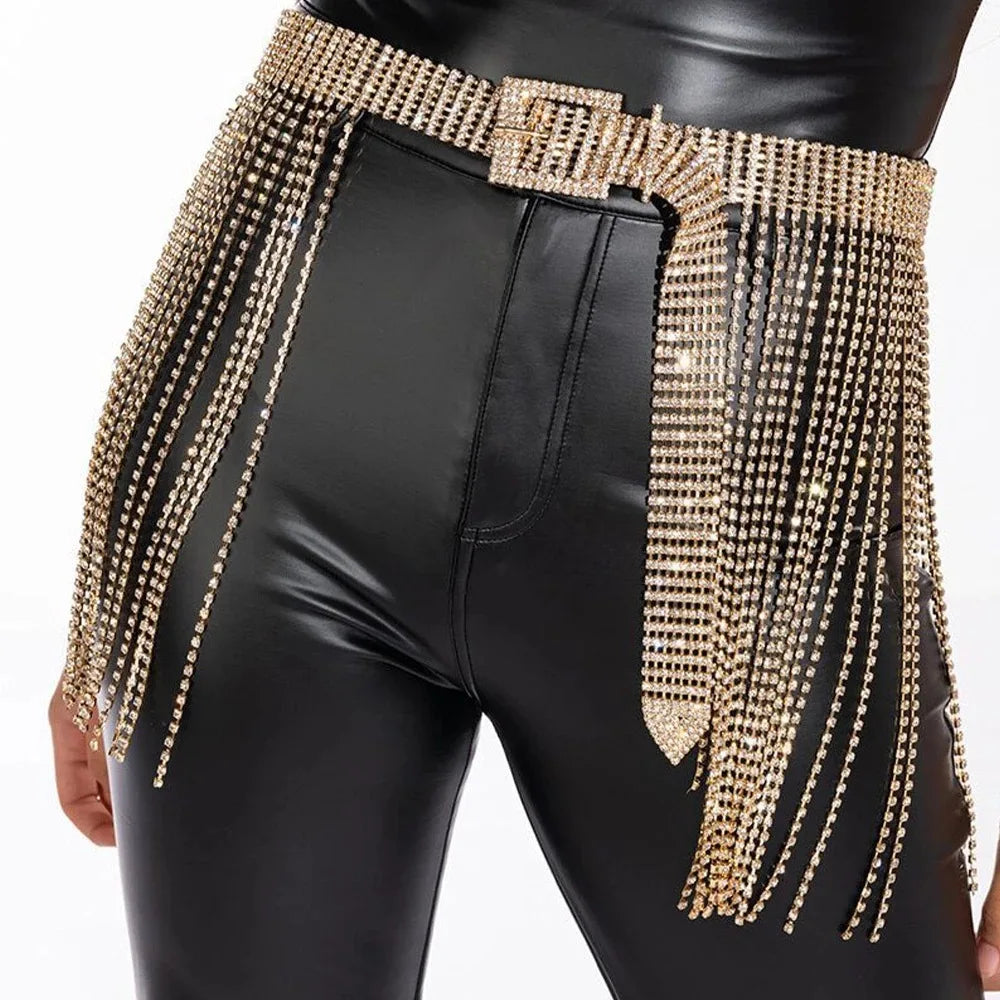 Rhinestone Buckle Tassel Waist Chain