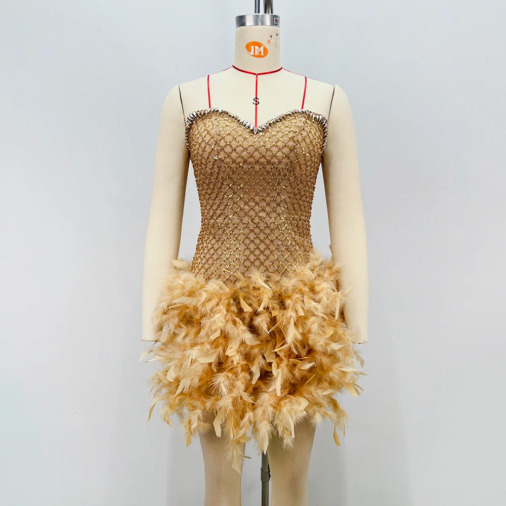 Gold Feather Trim Strapless Mini Dress