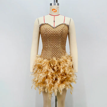 Gold Feather Trim Strapless Mini Dress