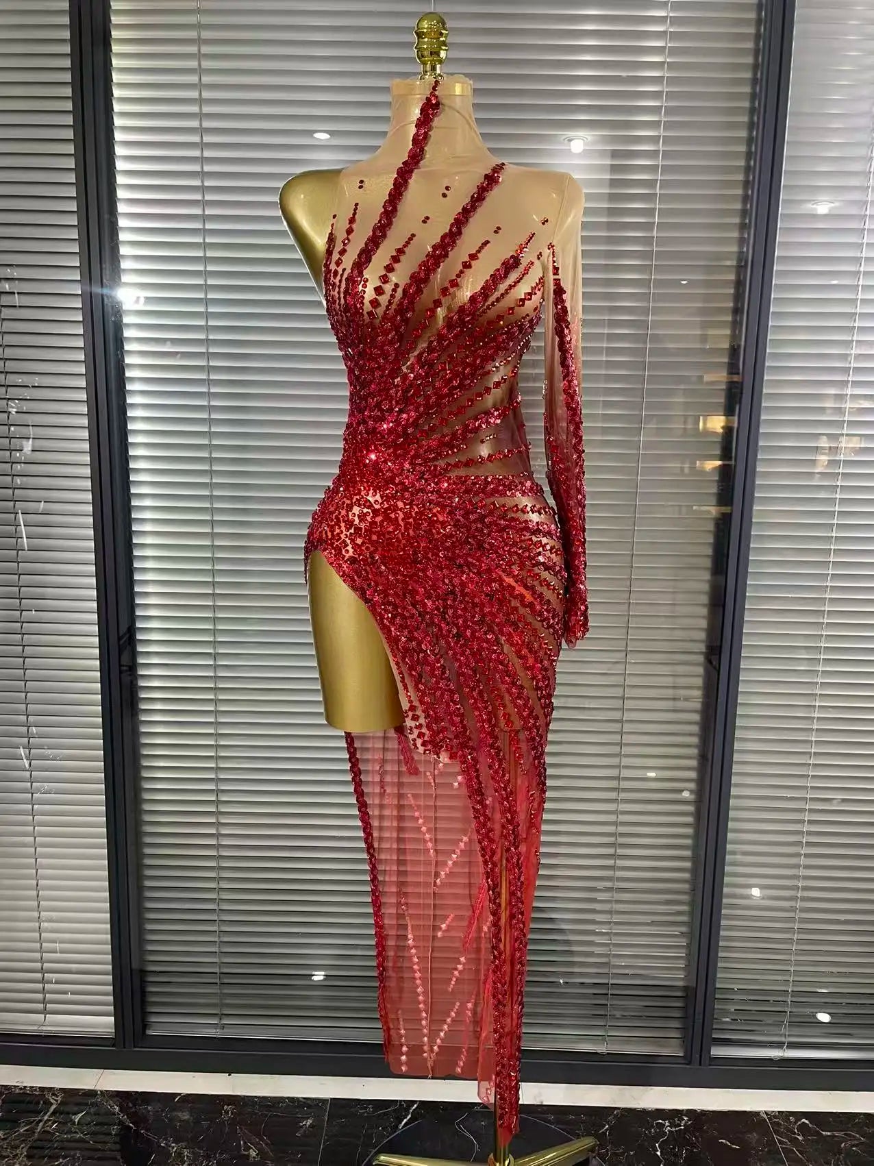 Gold Crystal Illusion Sweetheart Gown High-Slit Mermaid Train Evening Dress