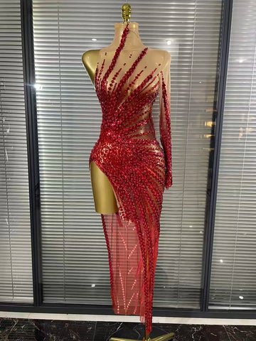 Gold Crystal Illusion Sweetheart Gown High-Slit Mermaid Train Evening Dress