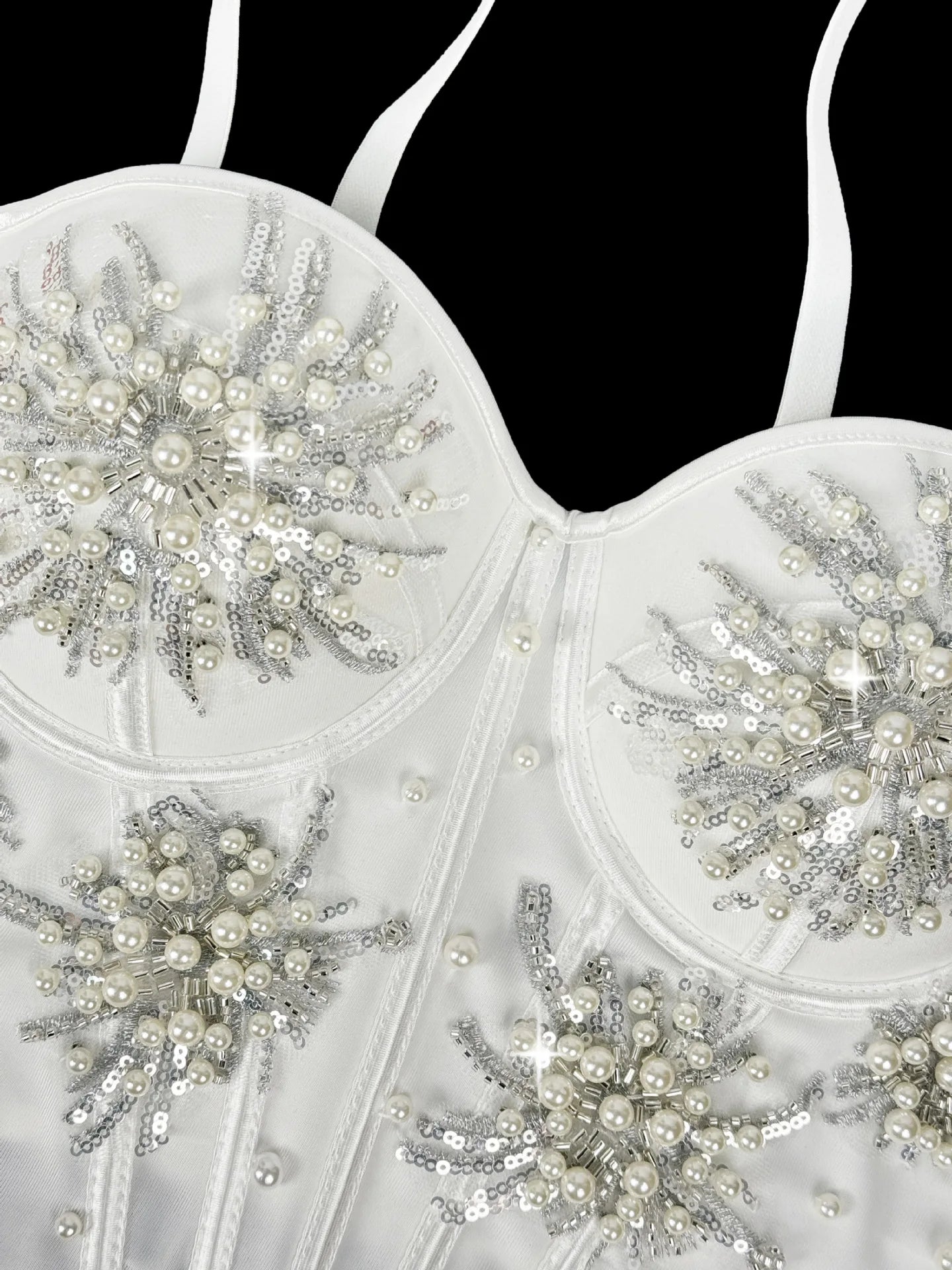 Pearl & Sequin Embroidered Floral Bustier Corset Top Asymmetric Camisole Bralette