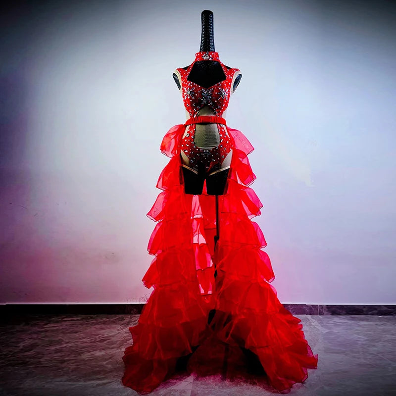 Hollow-Out Rhinestone Bodysuit & Feathered Layered Skirt Carnival Costume Set