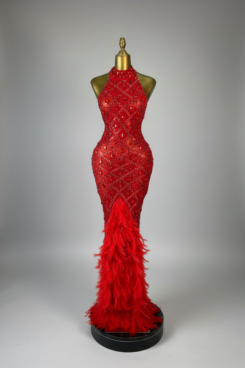 Luxury Rhinestone Crystal Turtleneck Gala Gown & Feather Hem Evening Maxi Dress