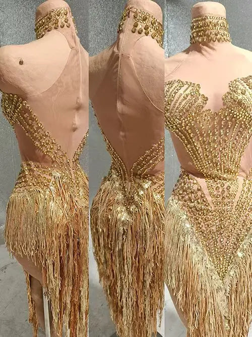 Sparkly Rhinestone, Pearl & Tassel Transparent Performance Dress Stage Costume