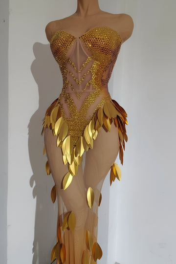 Gold Rhinestone Diamond Leaf Mesh Strapless Long Stage Gown Costume