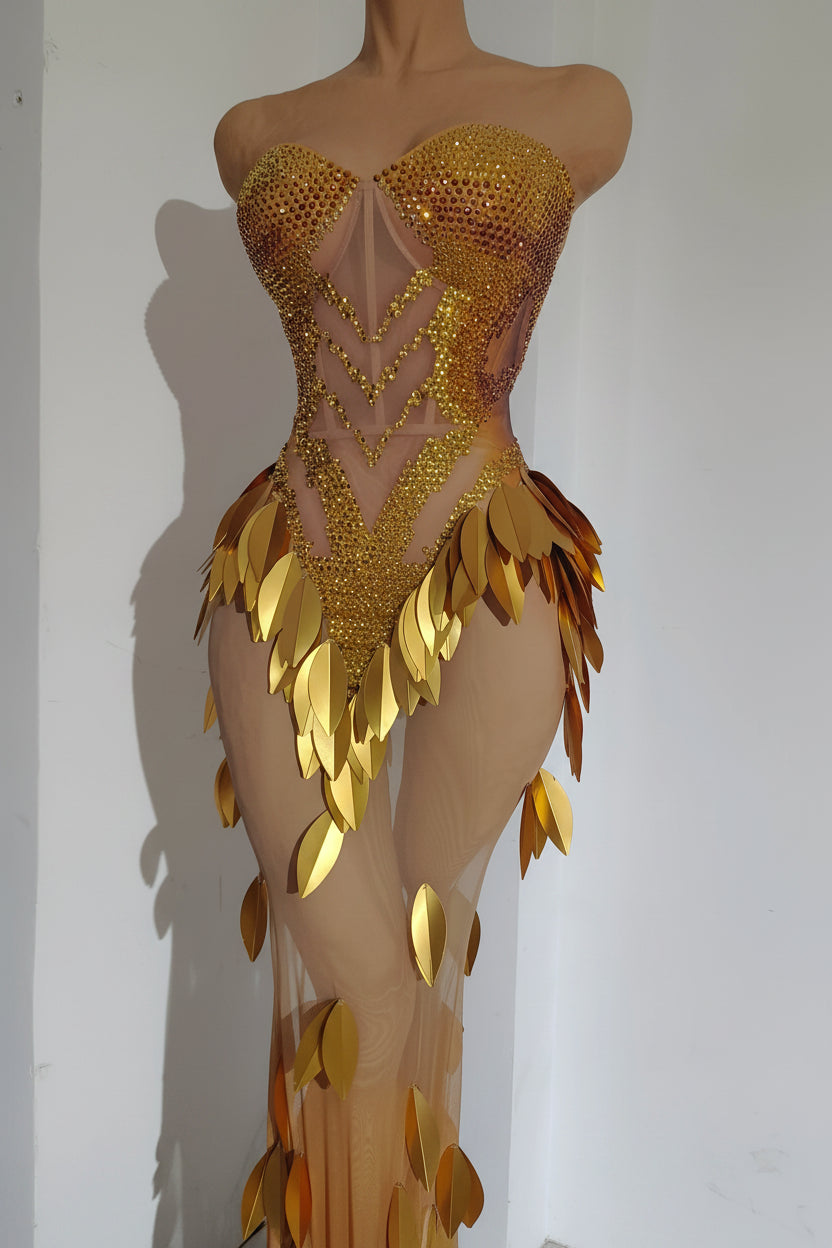 Gold Rhinestone Diamond Leaf Mesh Strapless Long Stage Gown Costume