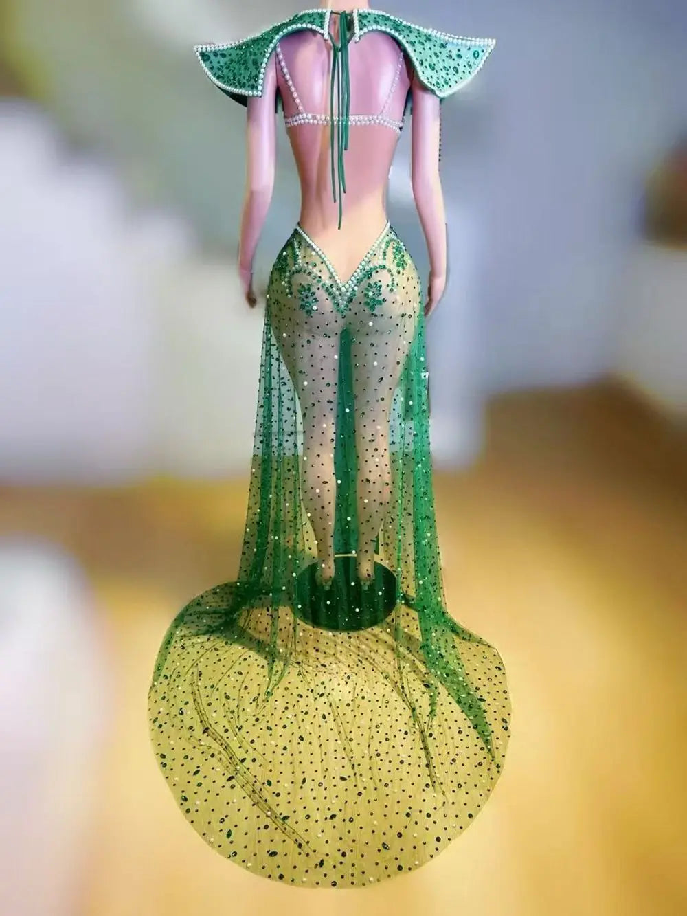 Emerald Green Rhinestone Mesh Bodysuit & Sculpted Peacock Cloak Stage Costume Set