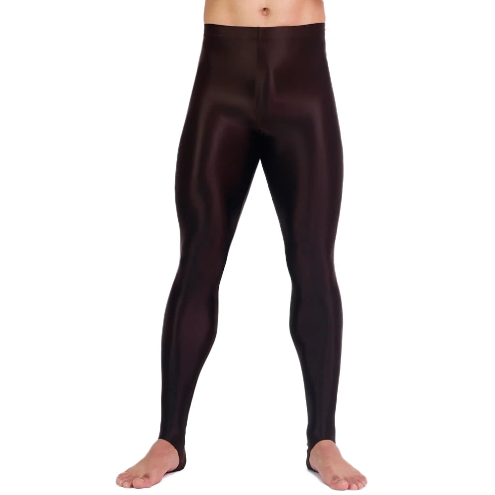 Men's Slim Tights Pencil Pants Stain Smooth  Oil Glossy Shiny Elastic Yoga Leggings Sheer See Through Full Pants Plus Size