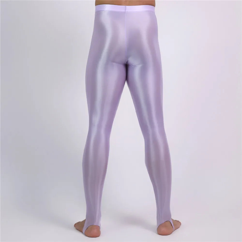 Men's Slim Tights Pencil Pants Stain Smooth  Oil Glossy Shiny Elastic Yoga Leggings Sheer See Through Full Pants Plus Size