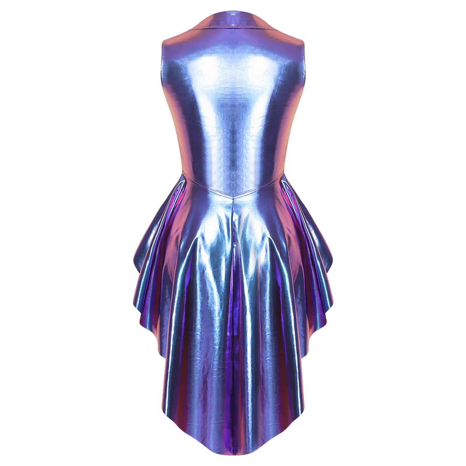 Metallic Wet-Look Sleeveless Tailcoat Jacket with Asymmetrical High-Low Hem