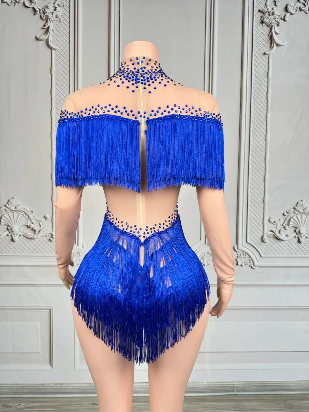Sparkly Rhinestone Tassel Fringe Dance Performance Costume Stage Bodysuit