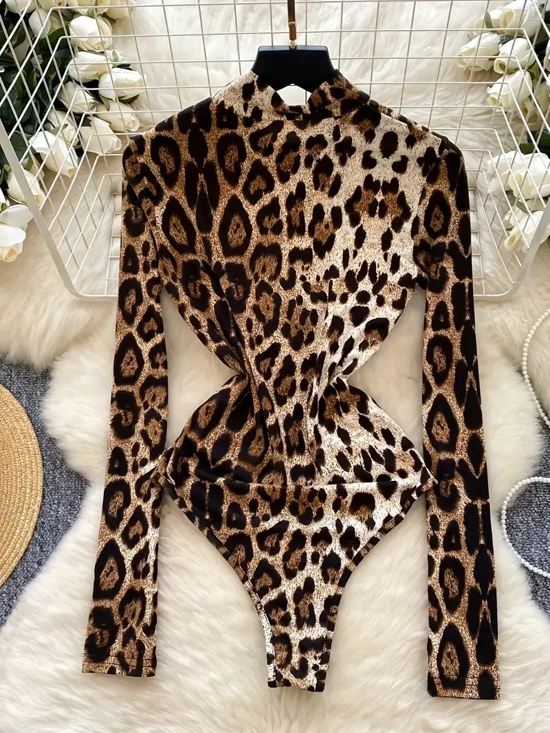 Leopard Print Long-Sleeve Stand Collar Bodysuit Sexy Cutout Stage One-Piece