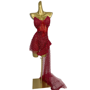 Women Sweetheart Red Sheer Mesh Neck Bodysuit Crystal Bodycon Mini Dress with Asymmetric Trailing Train Singer Show Costume