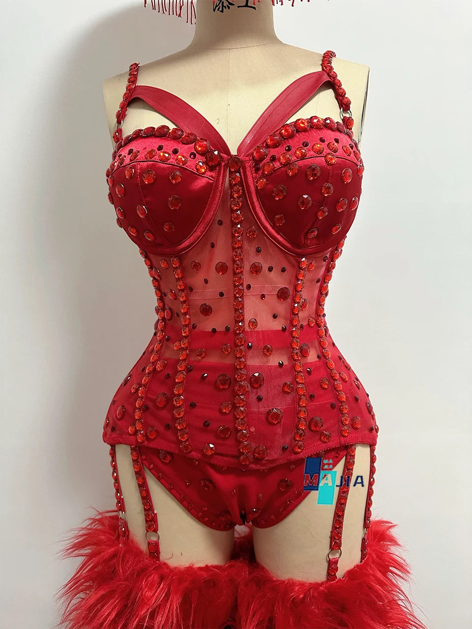 Crimson Red Crystal Corset Bodysuit, Feather Trailing Skirt & Cowgirl Hat 3-Piece Stage Costume Set