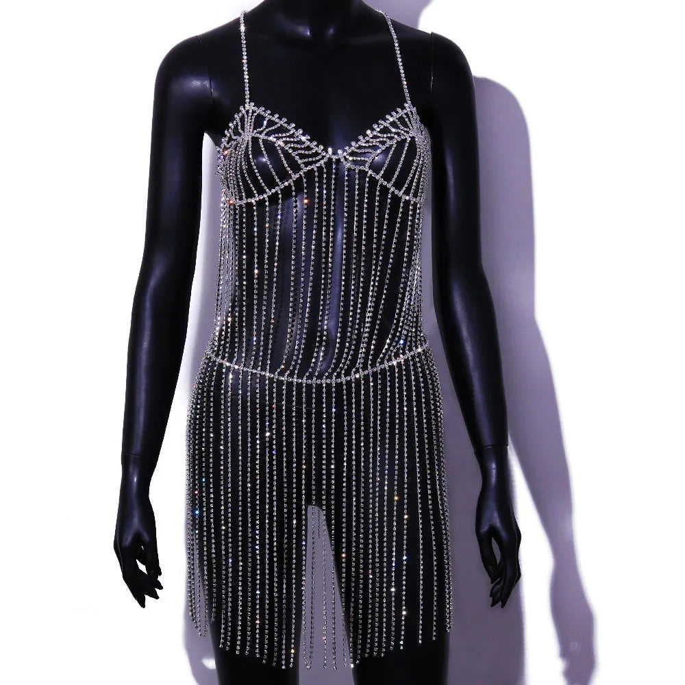Long Rhinestone Tassel Chain Skirt