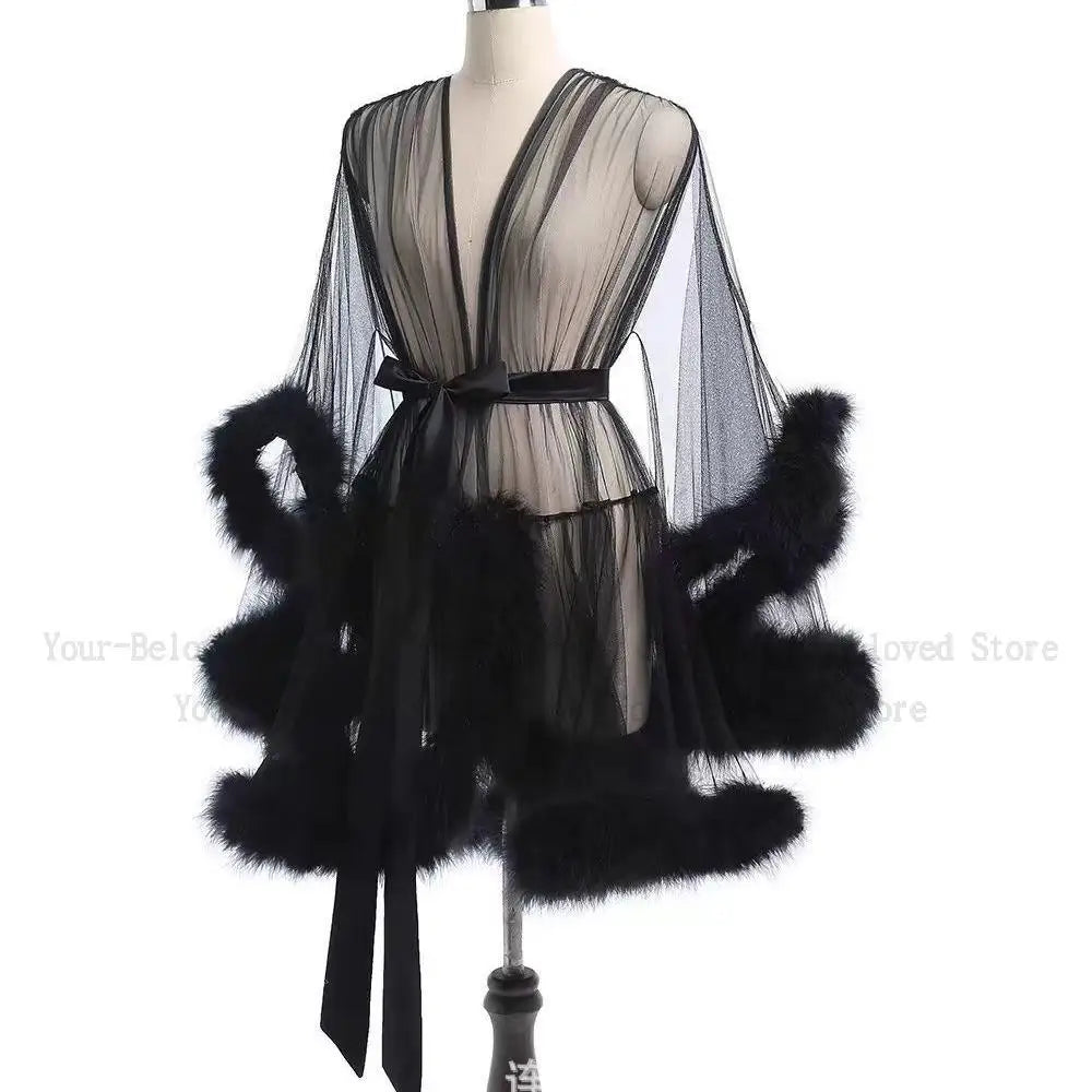 Sheer Mesh & Plush Feather Trim Long Sleeve Robe Lingerie Stage Costume