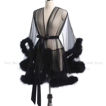 Sheer Mesh & Plush Feather Trim Long Sleeve Robe Lingerie Stage Costume