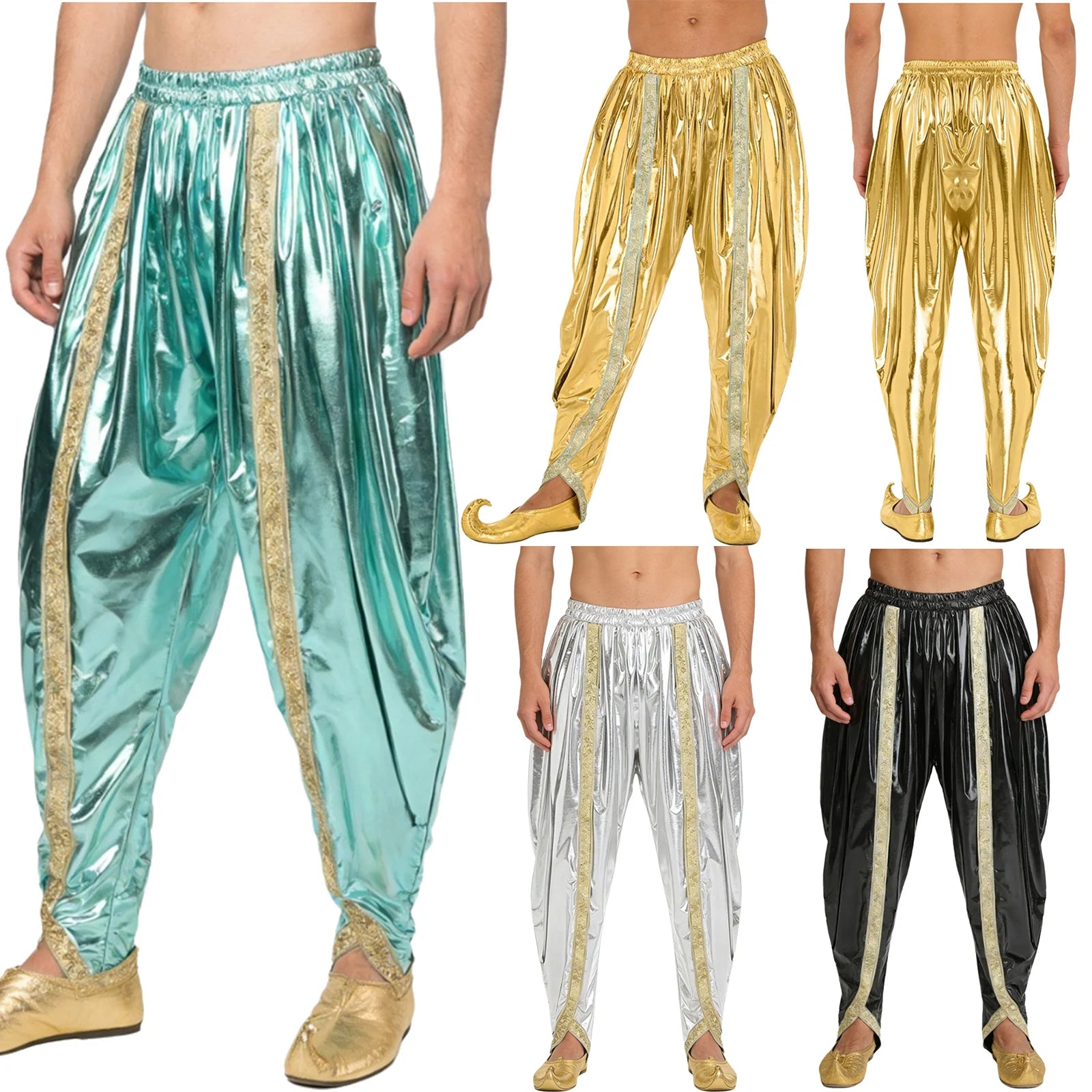 Men's Metallic Shiny Harem Dhoti Pants Gold Brocade Trim Prince Cosplay Costume