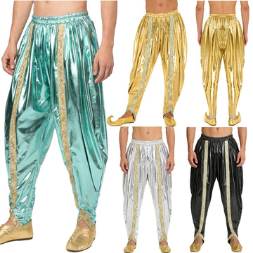 Men's Metallic Shiny Harem Dhoti Pants Gold Brocade Trim Prince Cosplay Costume