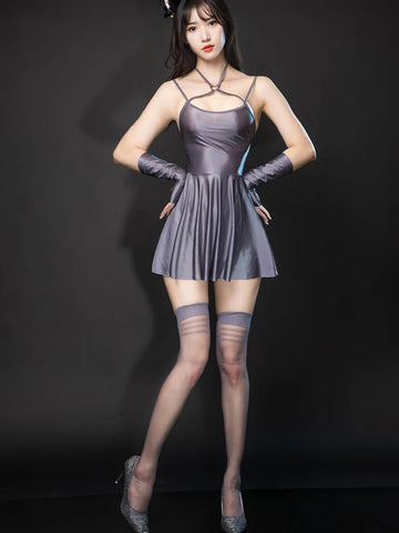 Sexy Backless Satin Smooth Oil Glossy Pleated Micro MINI Dress Bandage Sleeveless Tight Uniform Maid Ruffled Dress Stage Wear