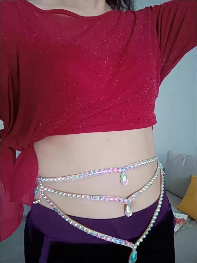 Sparkly Layered Rhinestone & Pearl Belly Dance Waist Chain Belt