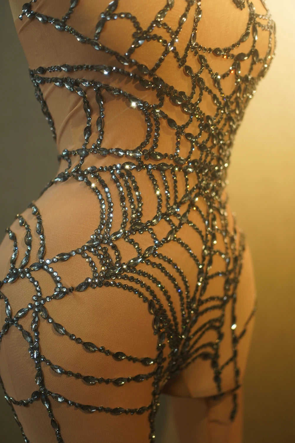 Sparkly Silver Rhinestone Spider Web Mesh Stage Performance Costume Set