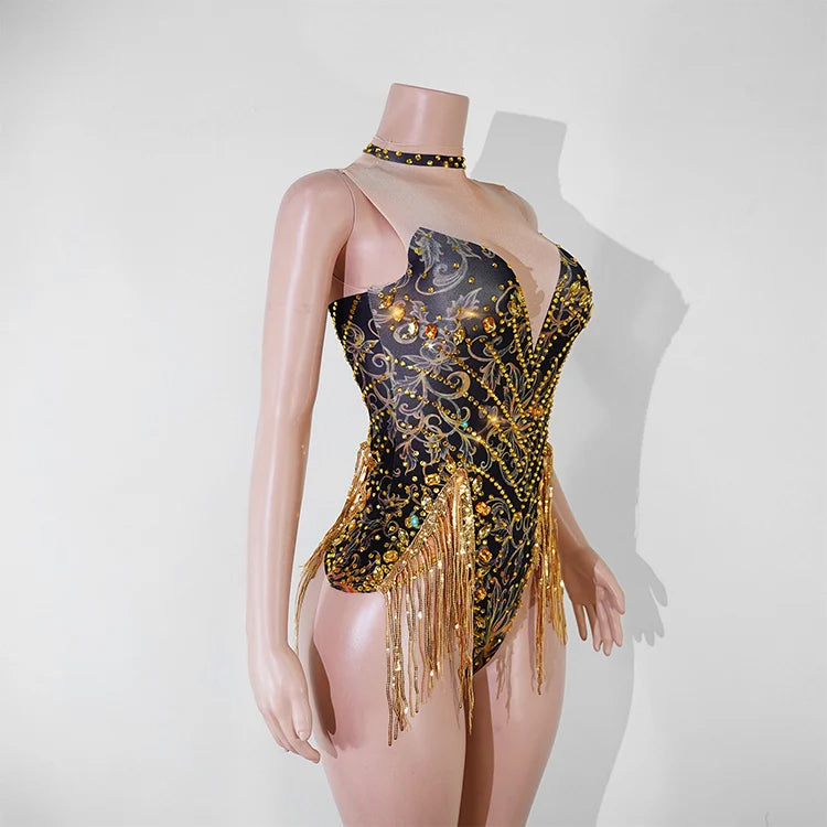 Gold Sequin Halter Bodysuit & Beaded Tassel Fringe Latin Dance Stage Costume